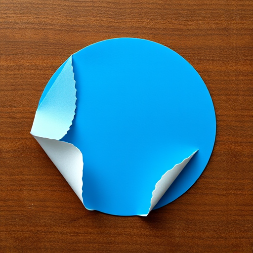 Create a high-resolution image of a blue circular sticker with a partially peeled edge, using a DSLR camera, 50mm lens, f/8 aperture, ISO 100, top-down view, and soft, diffused natural lighting to enhance texture and color depth.