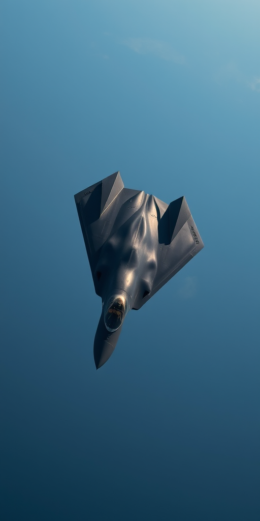 high-resolution image of a stealth jet flying vertically against a clear sky, shot with a Canon EOS R5 at f/4, ISO 100, shutter speed 1/4000 sec, aerial view, wide-angle lens