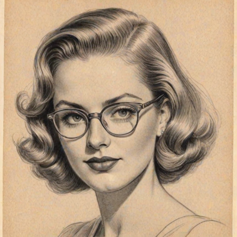 Dazzling Zoe Laverne, pencil sketch, portrait of Beauteous woman 1938s in glasses, hair style beatnik, outline, clear lines, fine lines, 8k
