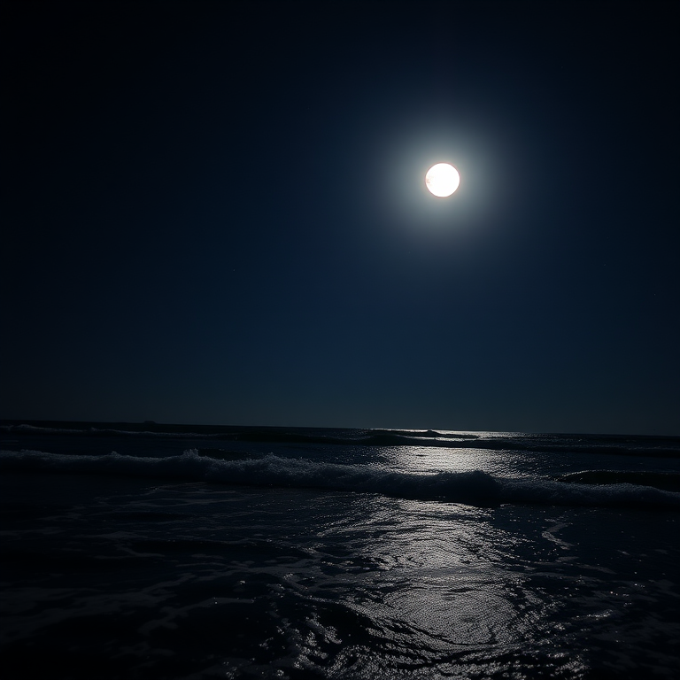 Capture a high-resolution nighttime seascape with a full moon illuminating the water, using a Canon EOS R5, 24mm lens, f/8 aperture, ISO 100, 30-second exposure, low-angle view, and a wide-angle perspective to enhance the depth of field and clarity.