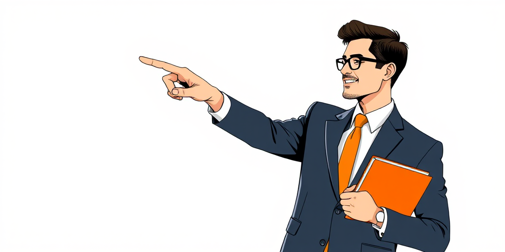 Create a high-resolution vector illustration of a businessman in a suit holding an orange book and pointing, with a clean background, shot at f/4, ISO 100, 50mm lens, with a slight depth of field, using a digital camera for crisp detail.