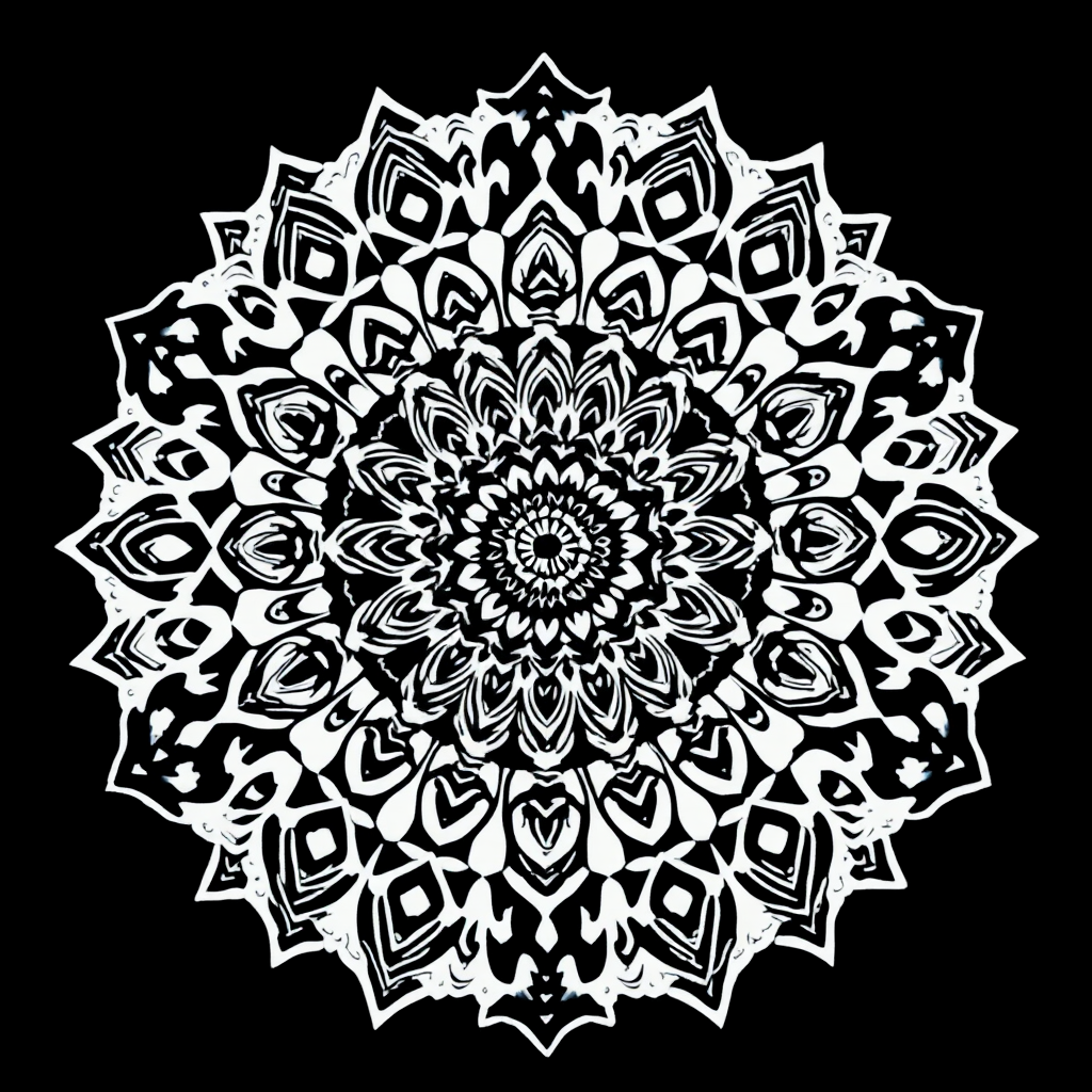 Create an intricate mandala design with high contrast, using a Canon EOS R5 camera at f/8 aperture, ISO 100, 1/125 sec shutter speed, with a 50mm lens in a top-down view for a clean background.