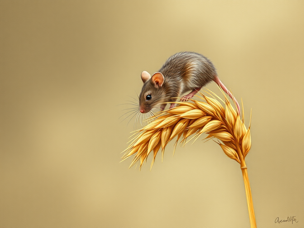 Soft, muted Alcohol Ink with ebru effect background image of tiny whimsical rat, who climbed high on the top of a golden rye ear.