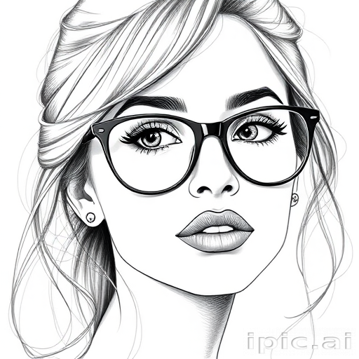 hot mia khalifa, pencil sketch, portrait of beautiful woman 60s in glasses, hair style beatnik, outline, clear lines, fine lines, 8k