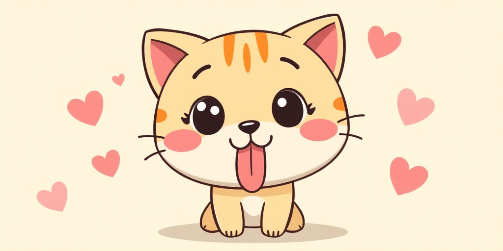 cute cartoon cat with round face and big eyes sticking out its tongue small pink blush spots and heart doodles in the background simple and playful style