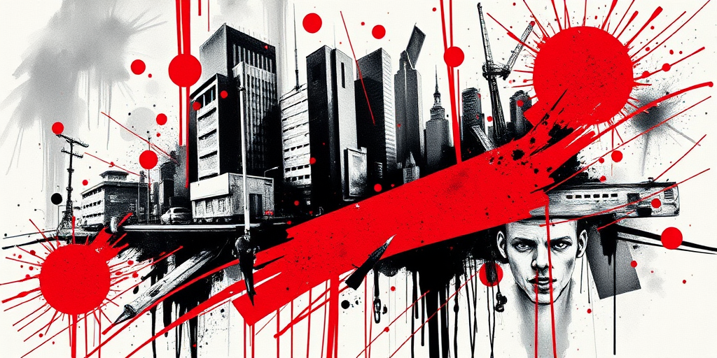 Trash polka tattoo called "Urban Chaos" combining realistic black and grey elements with bold red accents and abstract shapes, creating a dynamic and edgy composition with a grungy aesthetic