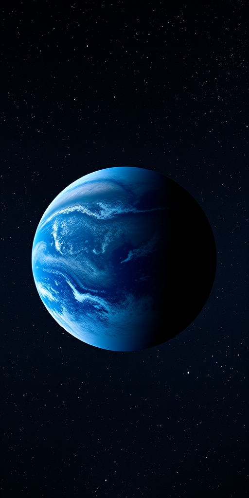 Generate a high-resolution image of a blue planet with detailed surface features, captured with a DSLR camera using a 50mm lens at f/8, ISO 100, in astrophotography style, with a wide-angle view and adjusted for optimal brightness and contrast against a starry background.