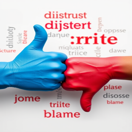 Create an image featuring a blue thumbs-up and a red thumbs-down, surrounded by words like "distrust," "oppose," and "blame," using a DSLR camera with a 50mm lens, aperture set to f/1.8, ISO 100, and a shallow depth of field for a clean, focused look.
