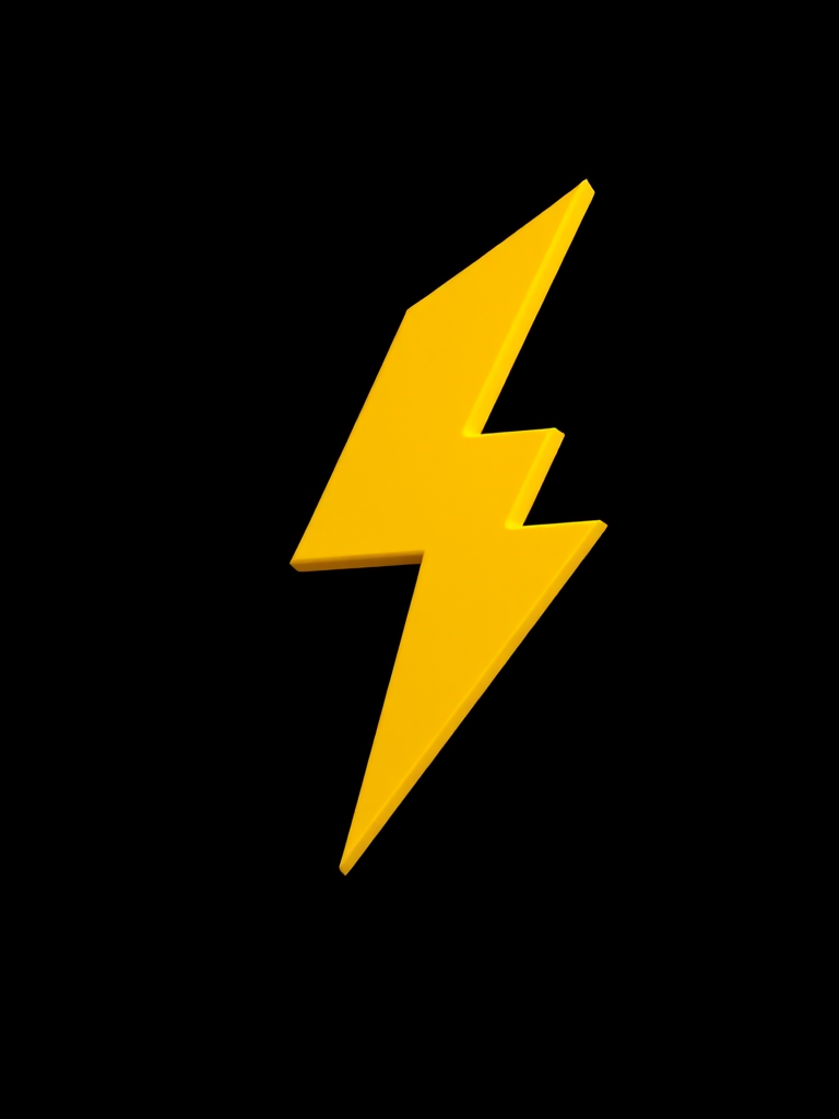 Create a 3D rendering of a yellow lightning bolt symbol on a black background, using a Canon EOS R5 camera with a 50mm f/1.8 lens, aperture set to f/2.8, ISO 100, shutter speed 1/200 sec, and soft studio lighting for enhanced quality.