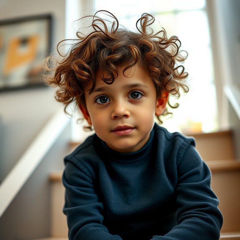 portrait of a young boy with curly hair sitting on stairs indoors, natural light, shallow depth of field, f/2.8 aperture, 50mm lens, ISO 200, soft focus background, high-resolution DSLR camera