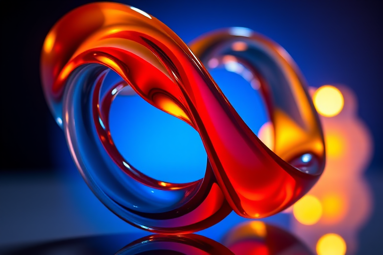 A highly detailed close-up shot of a vibrant infinity symbol sculpture made of intertwined glossy resin in orange, red, and blue hues, illuminated by soft blue and warm orange backlighting, using a Canon EOS R5 camera with a 50mm lens, aperture set to f/1.8, ISO 100, and shutter speed at 1/125 second for enhanced depth of field and clarity.