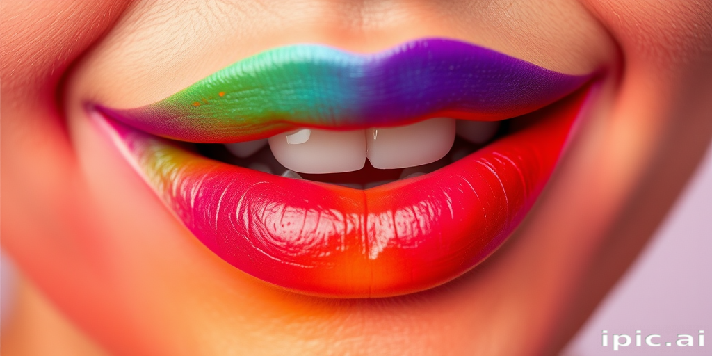 Playful rainbow ombre lips blending vibrant hues seamlessly, showcasing expert color gradation and artistic flair, a true feast for the eyes