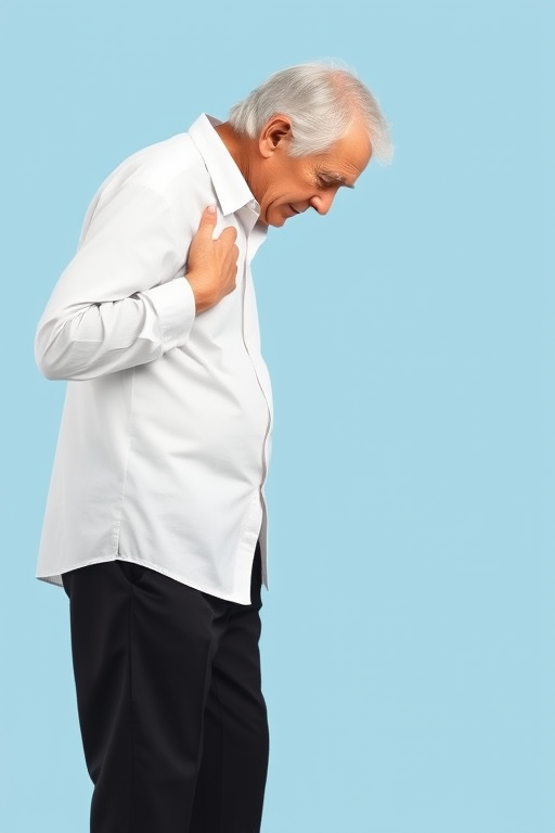 Create an illustration of an elderly man with gray hair, bent slightly forward, holding his chest with one hand, using a black cane, wearing a white shirt and black pants, on a solid light blue background, captured in high resolution with a Canon EOS R5, aperture f/4, ISO 100, 50mm lens, and soft lighting for a clean and vibrant look.