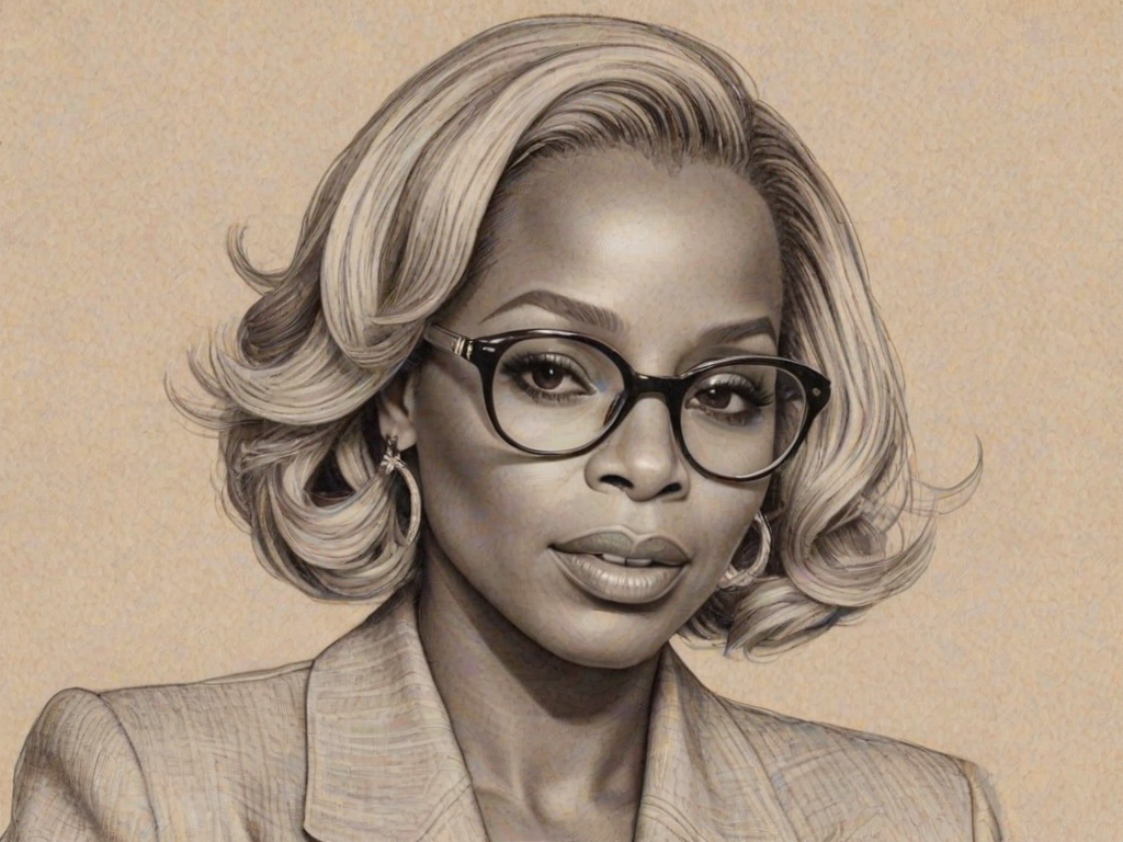 Dazzling Mary J. Blige, pencil sketch, portrait of Captivating woman 1942s in glasses, hair style beatnik, outline, clear lines, fine lines, 8k