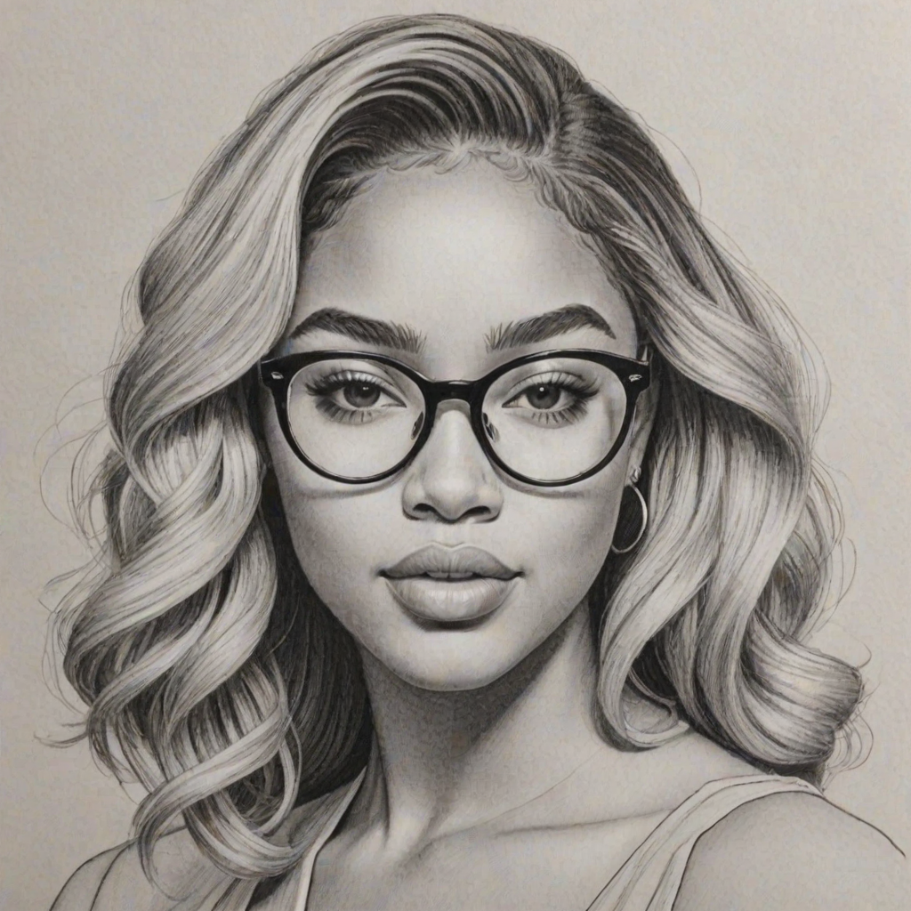 Splendid Jordyn Woods, pencil sketch, portrait of Stunning woman 1959s in glasses, hair style beatnik, outline, clear lines, fine lines, 8k
