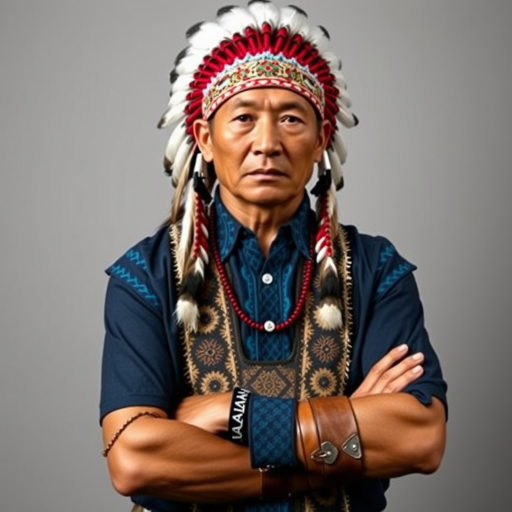 Create a dignified portrait of a Native American man dressed in traditional attire. He wears a beautifully crafted headdress adorned with white feathers and red beads, along with a beaded headband featuring intricate patterns. His clothing includes a deep blue, patterned shirt and a traditional chest piece with detailed beadwork. His arms are crossed, displaying leather armbands decorated with feathers. The background is simple and neutral, emphasizing his proud and stoic expression. The overall image captures the rich cultural heritage and strength of his persona.