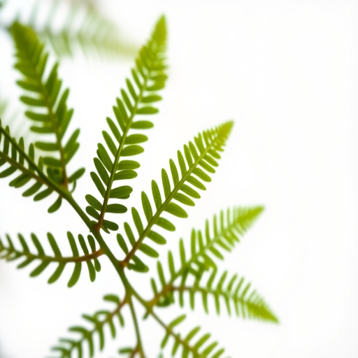 Close-up of fern leaves on a white background, DSLR camera, aperture f/2.8, 50mm lens, natural light, high resolution, depth of field effect.