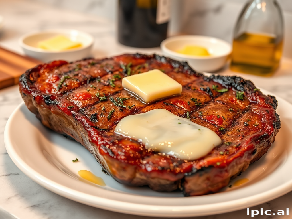 Create an image of a perfectly seared ribeye steak, resting on a white plate with a pat of melting butter on top. The steak is seasoned with fresh herbs like thyme and parsley, with glistening juices highlighting the texture of the meat. The background features a soft focus on a light, marble countertop, with a small dish of butter and an olive oil bottle in the distance. The overall mood should be warm and inviting, capturing the deliciousness and juiciness of the steak.