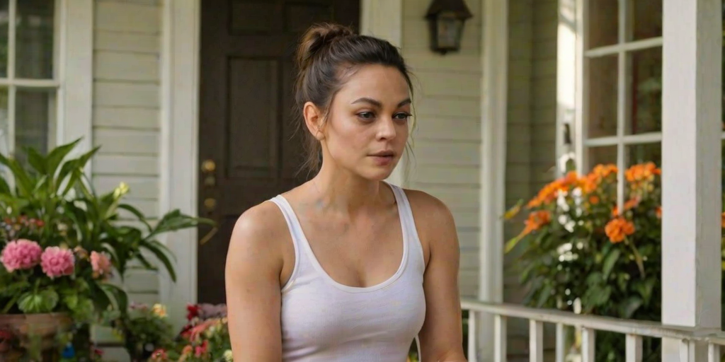 A photo of Mila Kunis with a background of a cozy porch. She has dark hair pulled back in an updo, with tendrils framing her face. She wears a white tank top and sits on the porch. The porch is part of a well-lit home with a warm, earthy tone and colorful flowers and foliage. The overall scene has a warm, welcoming, and comfortable ambiance.