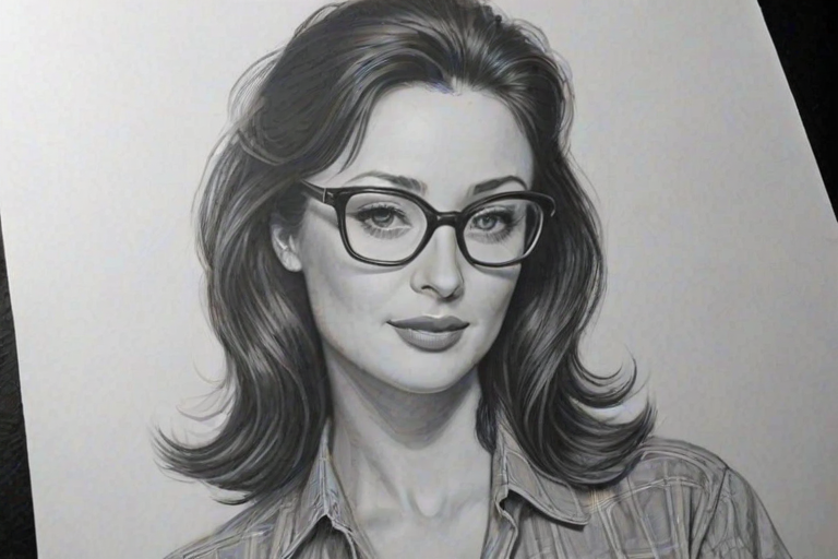 Stunning Shannon Doherty, pencil sketch, portrait of Exquisite woman 1955s in glasses, hair style beatnik, outline, clear lines, fine lines, 8k