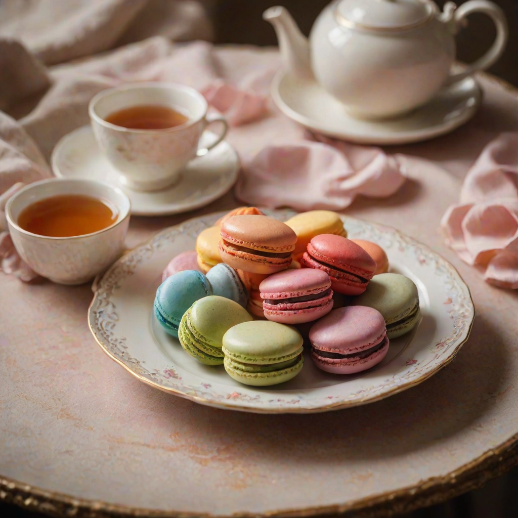 Warmly lit photo of a colorful assortment of macarons on a delicate plate, soft light highlighting the vibrant colors and a cup of tea beside it.