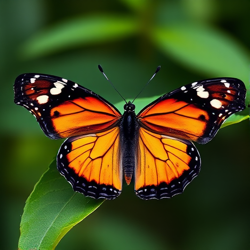 Generate an image of a butterfly perched on a green leaf, showcasing vibrant orange and black wings with distinctive white patterns. The background should be softly blurred to emphasize the butterfly and its details.