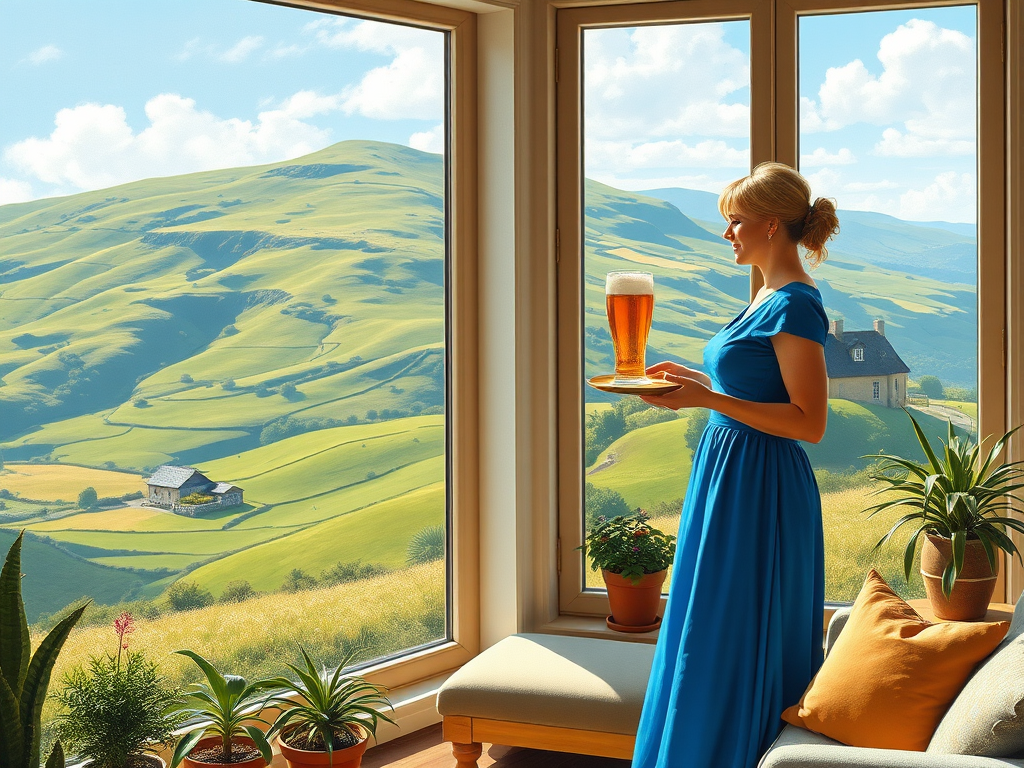 In "A Glass of Beer on the Highland," a serene scene is depicted in a sunlit room where a woman in a vibrant blue dress stands by a large window. She holds a tray with a hearty meal and a frothy glass of beer, embodying a moment of relaxation. Outside, the breathtaking highland landscape features rolling green hills and a charming traditional house, all bathed in warm afternoon light. The interior is adorned with potted plants, creating a harmonious blend of comfort and nature. The painting beautifully captures the tranquility and joy found in simple pleasures amidst stunning scenery
