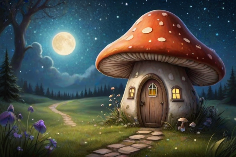 create illustration of a mushroom house with a door and a window, a storybook , fantasy art, mushroom house, bg starry sky, sparkles