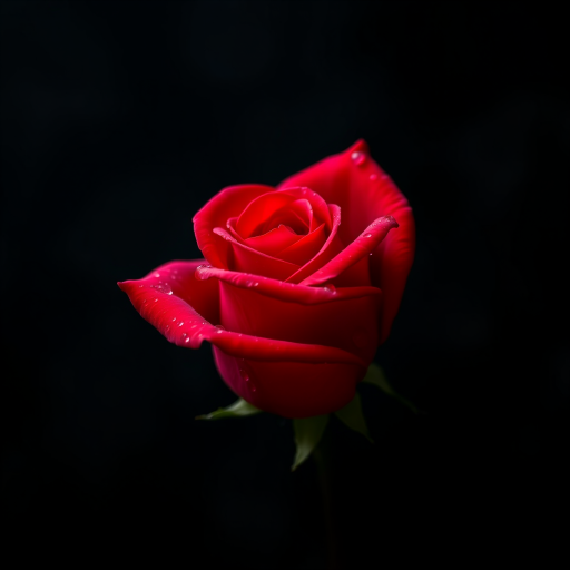 Create a digital artwork of a close-up shot of a vibrant red rose, with water droplets on its petals, set against a dark, blurred background.