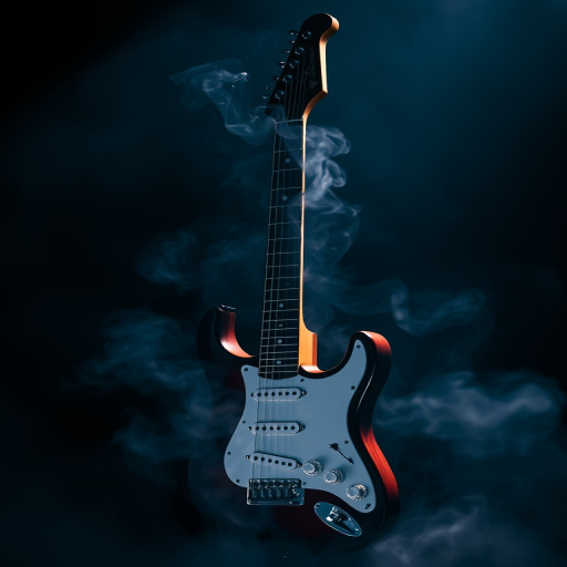 High-contrast image of an electric guitar surrounded by smoke, illuminated with soft backlighting, shot with a DSLR camera at 50mm focal length, f/1.8 aperture, ISO 200, in a dark environment with dramatic shadows and highlights.