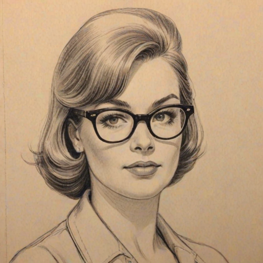 Charming Charley Koontz, pencil sketch, portrait of Pleasing woman 1958s in glasses, hair style beatnik, outline, clear lines, fine lines, 8k