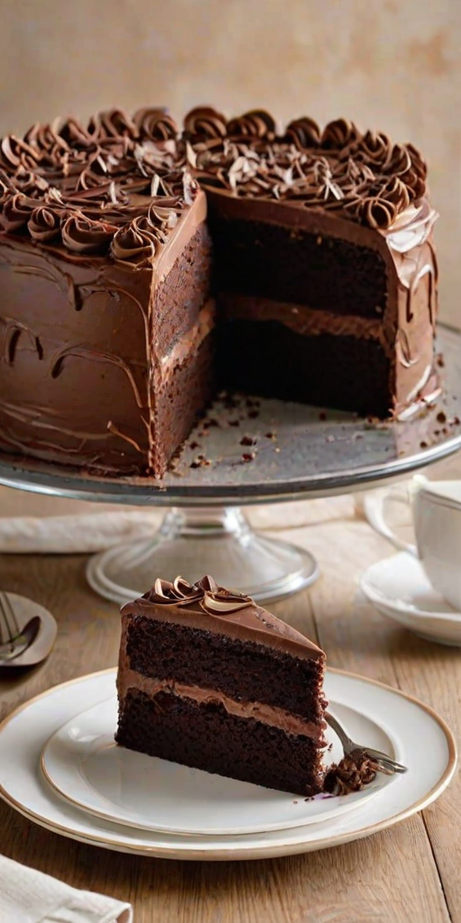 Generate an image of a rich chocolate cake with multiple layers. The cake should be decorated with swirls of chocolate frosting and topped with elegant chocolate shards. A slice of the cake should be cut out, showcasing the moist layers inside. The setting should be a beautifully arranged dessert table with a shiny platter.
