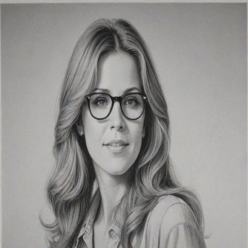 Charming Rita Wilson, pencil sketch, portrait of Dazzling woman 1970s in glasses, hair style beatnik, outline, clear lines, fine lines, 8k