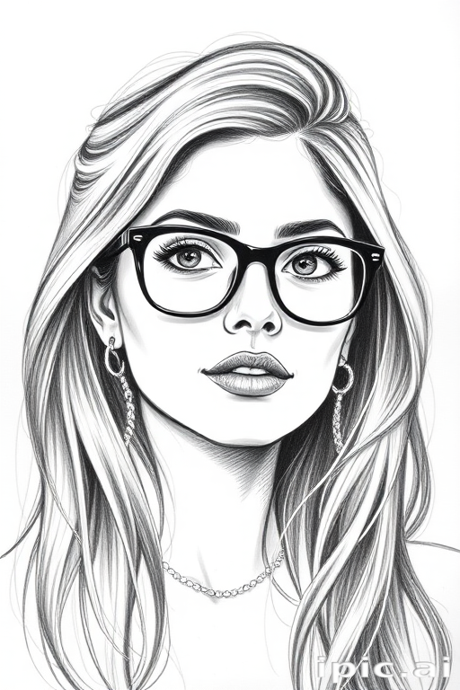 beautiful mia khalifa, pencil sketch, portrait of beautiful woman 60s in glasses, hair style beatnik, outline, clear lines, fine lines, 8k