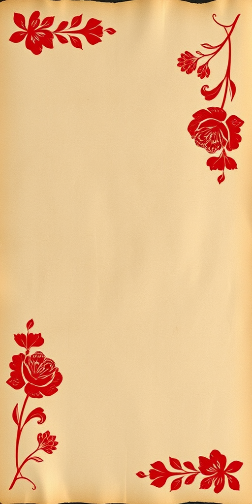 Create a vintage-style parchment background with red floral designs in the corners, photographed with a DSLR camera at f/4, ISO 100, 50mm lens, natural light, shallow depth of field.