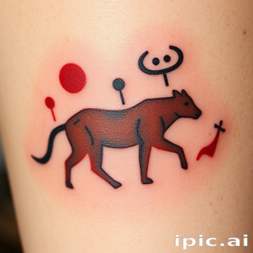 Prehistoric cave art tattoo, "Ancient Echoes," inspired by Paleolithic rock paintings, featuring simplified animal silhouettes and symbolic shapes in earthy tones of red, brown, and black, creating a primitive yet powerful design