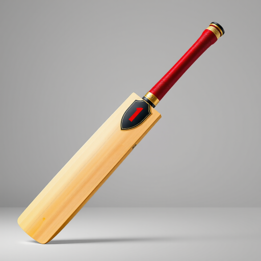 Create a high-resolution illustration of a cricket bat with a red handle and a yellow blade, captured with a Canon EOS 5D Mark IV, 50mm lens, f/2.8 aperture, in a studio setting with soft lighting for enhanced detail and clarity.