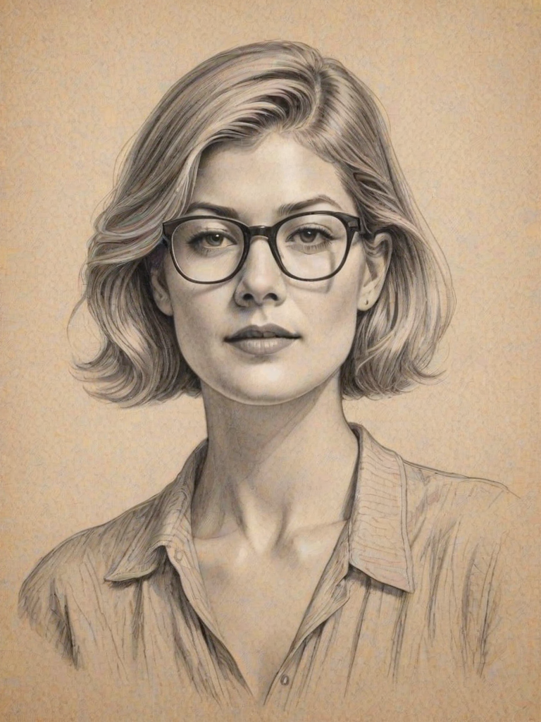 Fetching Rosamund Pike, pencil sketch, portrait of Sublime woman 1930s in glasses, hair style beatnik, outline, clear lines, fine lines, 8k
