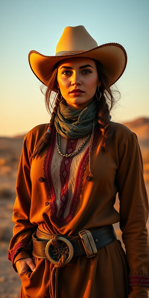 Dramatic photo of a beautiful Uyghur woman, classic cowboy attire, confident and free spirit expression, half-length portrait, centered, golden hour desert landscape, warm, diffused light, low angle, medium format film camera, in style of Annie Leibovitz.