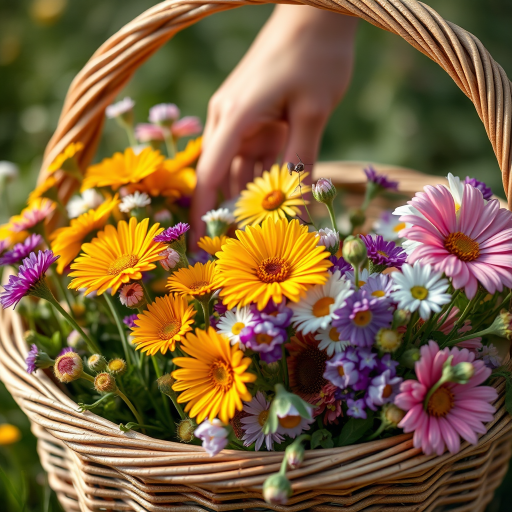 Close-up of a hand reaching into a wicker basket filled with vibrant wildflowers, soft natural lighting, f/2.8 aperture, 50mm lens, 1/200s shutter speed, shallow depth of field, shot with a DSLR camera.