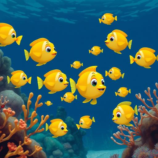 Underwater scene featuring vibrant cartoon fish in various shades of yellow and green, surrounded by stylized coral reef in earthy tones, with a deep blue background; Camera type: DSLR, Camera settings: f/8, ISO 200, shutter speed 1/125s, Camera view: wide angle, Camera style: high saturation and contrast.