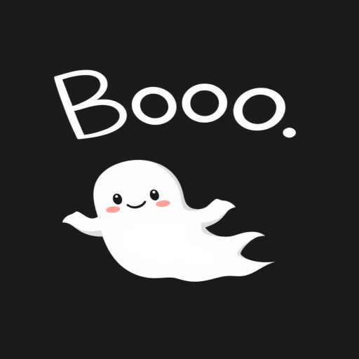 Cute cartoon ghost with a smiling face on a black background and the word "Boo" written above in a playful font.