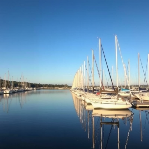 Capture a serene marina scene featuring multiple sailboats lined up along a calm body of water, with clear blue skies reflecting on the surface, using a DSLR camera, aperture f/8, shutter speed 1/200s, ISO 100, wide-angle lens, and a slight tilt for dynamic perspective.