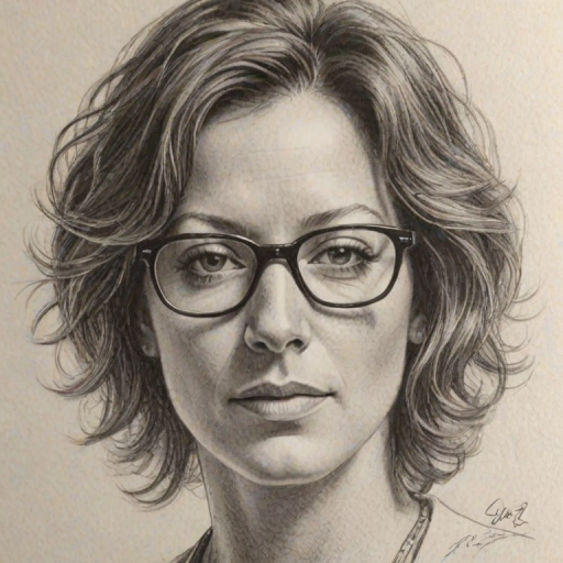 Fetching Sarah McLachlan, pencil sketch, portrait of Superb woman 1978s in glasses, hair style beatnik, outline, clear lines, fine lines, 8k