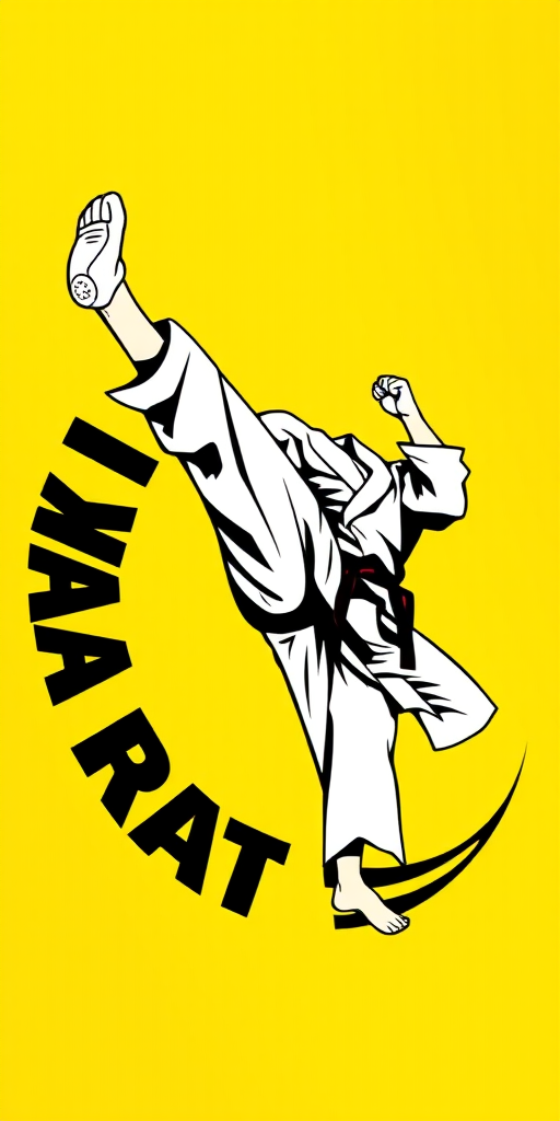 Generate an image of a karate logo featuring a martial artist in a high kick pose with bold black lettering, on a vibrant yellow background, focused on high contrast and clarity, using a DSLR camera with a 50mm lens, aperture set to f/1.8, ISO 100, and natural lighting for enhanced image quality.