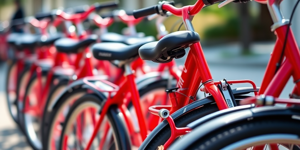 Create a vibrant image of a row of red bicycles lined up closely, with a shallow depth of field to focus on the bicycles in the foreground and a blurred background, using a DSLR camera with a 50mm lens set at f/2.8, ISO 200, and a shutter speed of 1/200s, with natural light highlighting the glossy surfaces of the bikes.
