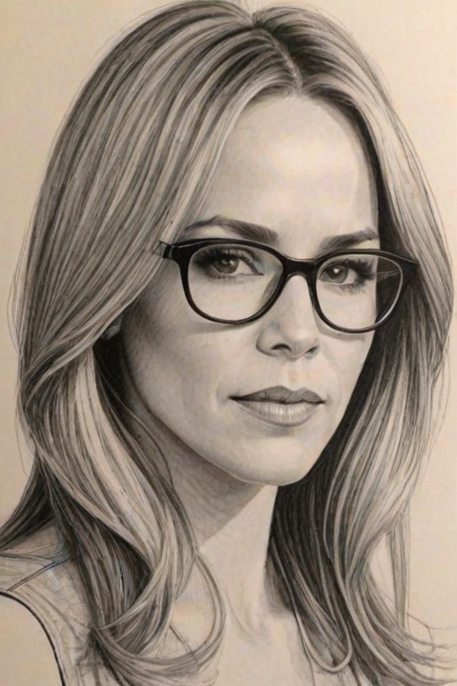 Gorgeous Julie Benz, pencil sketch, portrait of Pleasing woman 1971s in glasses, hair style beatnik, outline, clear lines, fine lines, 8k