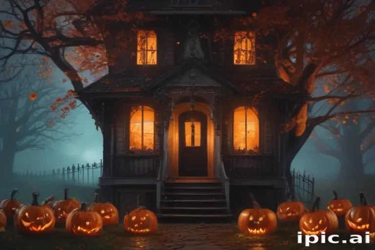 A Spooky Halloween Night at the Haunted House with Glowing Pumpkins.