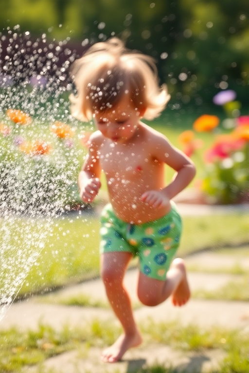 Blurry candid shot of a child running through a garden sprinkler on a hot summer day, water droplets sparkling in the soft sunlight, with distant flowers and trees gently swaying in the breeze.