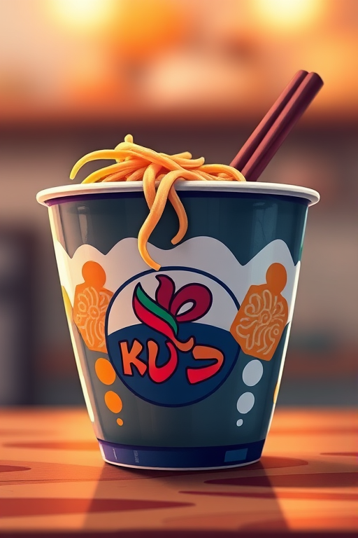 Create a highly detailed illustration of a cup of ramen noodles with vibrant colors and smooth textures, using a DSLR camera with a 50mm lens, f/2.8 aperture, ISO 100, and a shallow depth of field to emphasize the cup and create a blurred background.